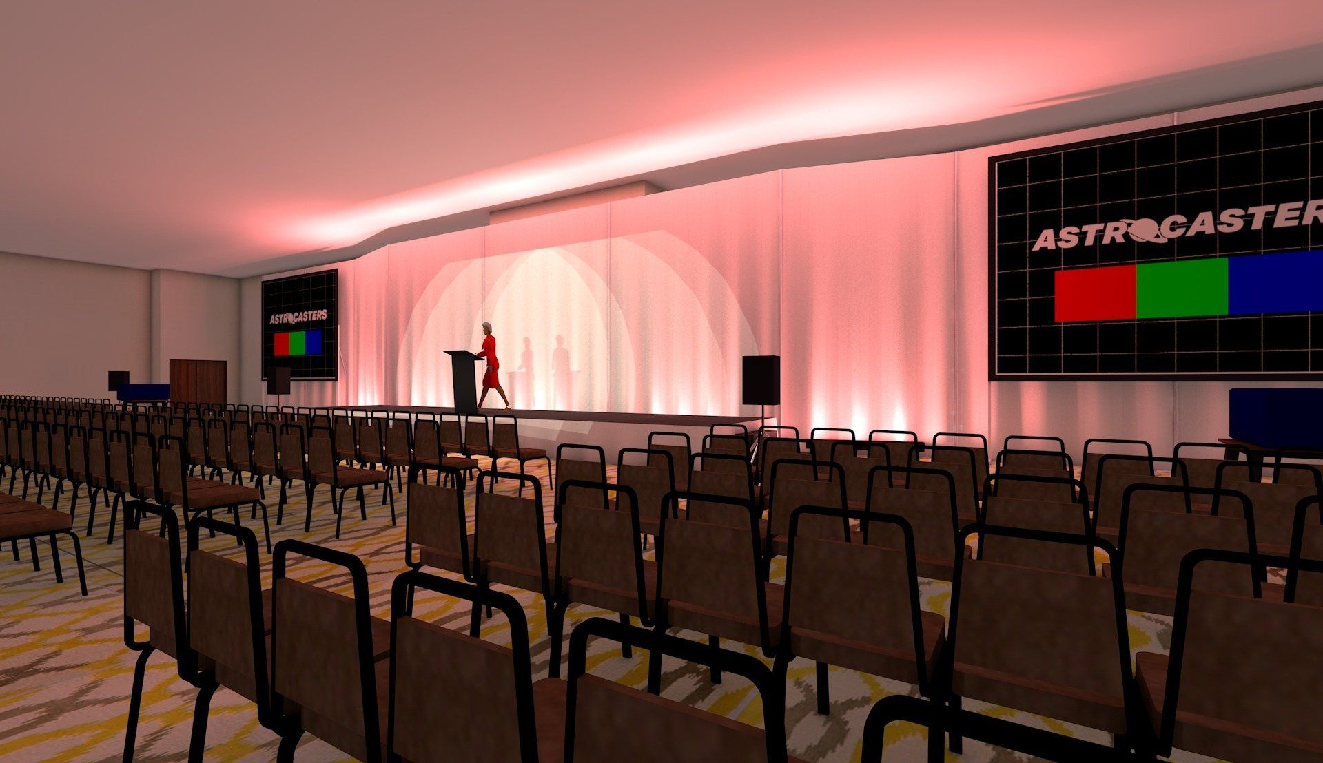 A 3D CAD render of a general session: a pink-lit stage, a lectern, rows of chairs and an Astrocasters screen.