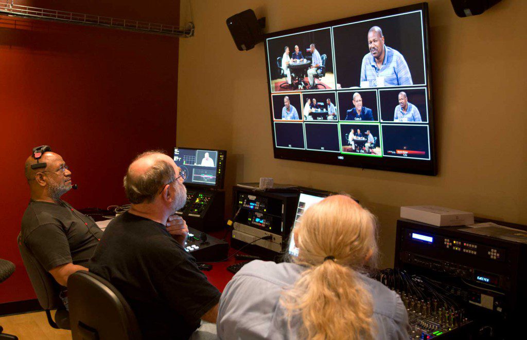 Here, the Steadicam is the fourth camera on the control screen.  The director has the steadicam shot in the preview window and is preparing to cue the Steadicam operator to make a circular move around the table.